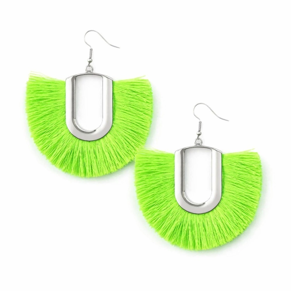 Tassel Neon Green and Silver Fringe Earrings - Picture 2 of 3